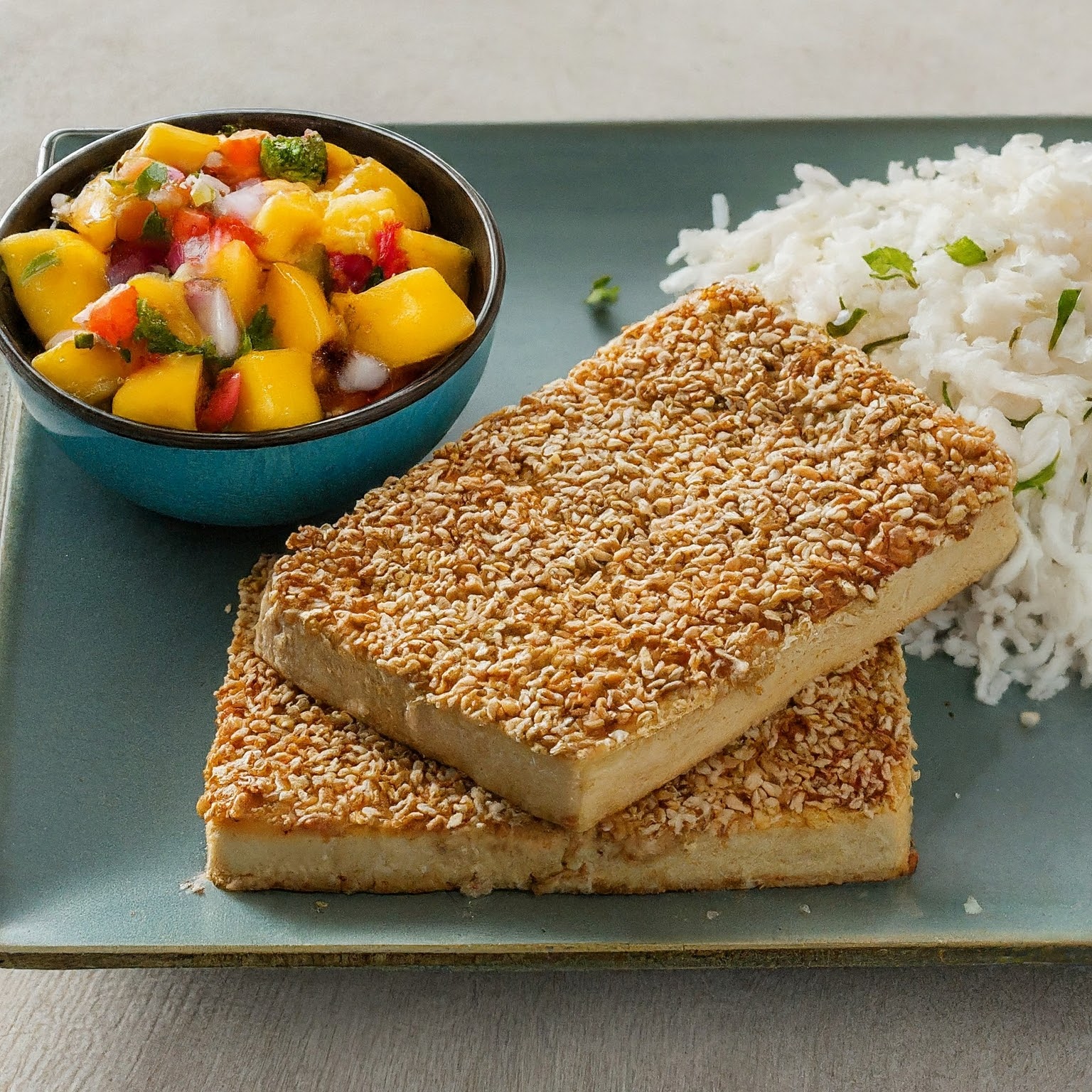 Savory Sesame Crusted Tofu with Spiced Mango Salsa and Coconut Basmati Rice.jpeg